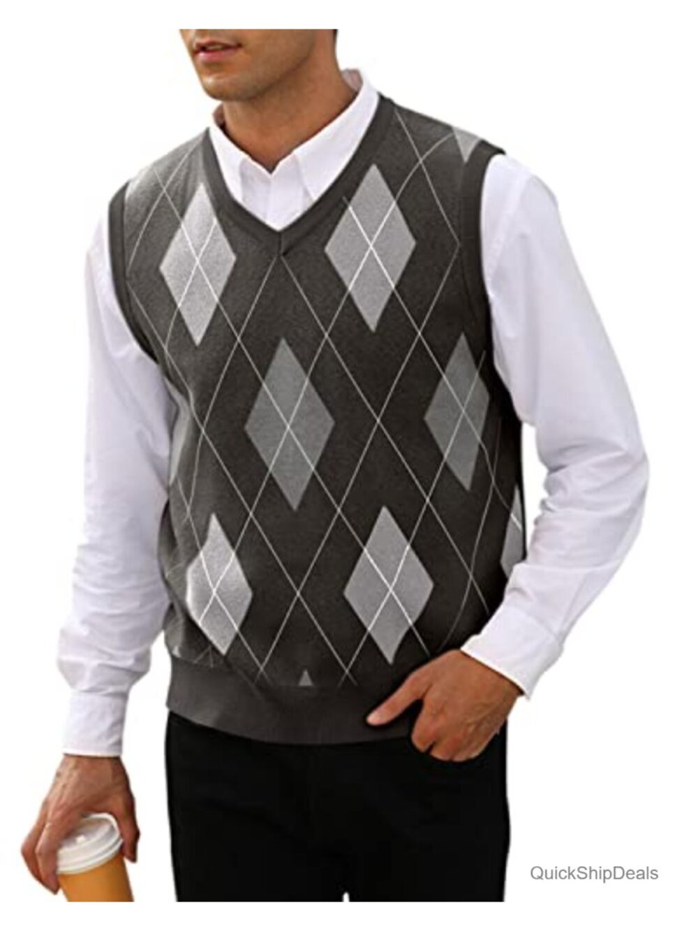 Mens Argyle Knitwear Vest V Neck Sleeveless Slim Fit Pullover Knitted Sweater